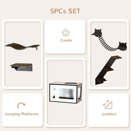 PawHut Wall-Mounted Cat Shelves with Ergonomic Platform & Cozy House – Modern Brown Cat Tree | Petpexi