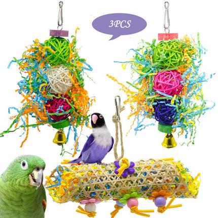 3pcs Bird Toy Parrot Gnawing Supplies – Brushed Rattan Ball, Grass & Wooden Toys