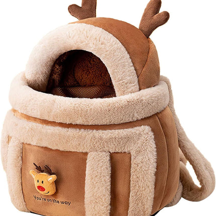 Plush Reindeer Dog Carrier Backpack with Hand Warmers – Winter Travel Bag | Petpexi
