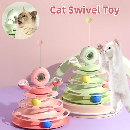 Four-level cat toy tower with colorful roller balls, interactive and durable play from PetPexi, free shipping to USA

