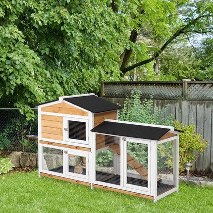 2-Storey Wooden Rabbit Hut with Ramp, No Leak Tray & Weatherproof Roof – Outdoor/Indoor Bunny House – Yellow