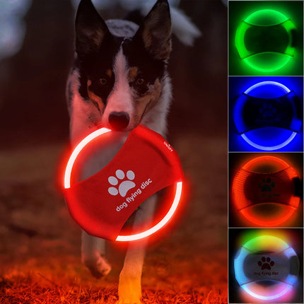 LED Luminous Flying Disc Dog Toy in red, blue, green, yellow, orange, or colorful lights for interactive fetch and training, available at Petpexi.com with free USA shipping