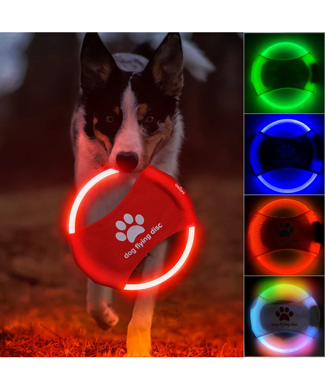 LED Luminous Flying Disc Dog Toy in red, blue, green, yellow, orange, or colorful lights for interactive fetch and training, available at Petpexi.com with free USA shipping