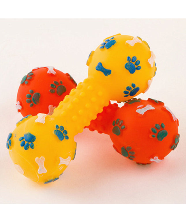 PVC Dumbbell Squeaky Dog Toy in red, green, orange, or yellow for interactive chewing and training, available at Petpexi.com with free USA shipping