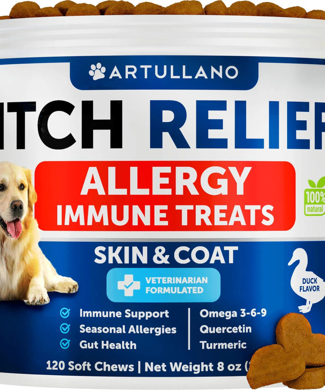 PetPexi Dog Allergy Relief Chews - 120 soft treats for dogs with fish oil, turmeric, and colostrum to support skin health and relieve itching.
