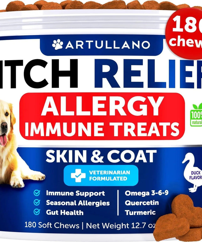 PetPexi Dog Allergy Relief Chews - 180 duck-flavored soft treats for dogs with fish oil, turmeric, and colostrum to support skin health and relieve itching.