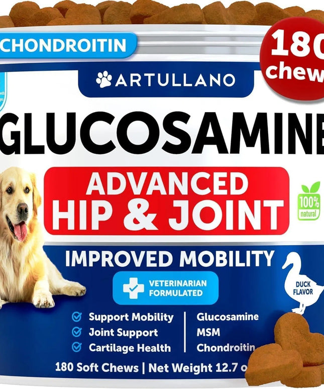 PetPexi Glucosamine Chews - 120 duck-flavored soft treats for dogs with glucosamine, chondroitin, and MSM for joint health and mobility support.