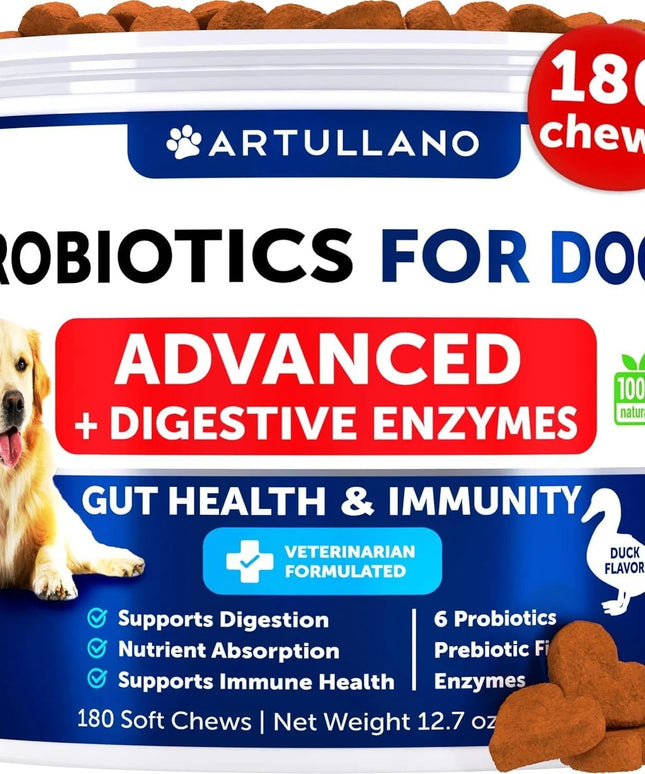 PetPexi Probiotic Chews - 180 duck-flavored soft chews for dogs with probiotics, digestive enzymes, and prebiotics for gut health and immunity support.