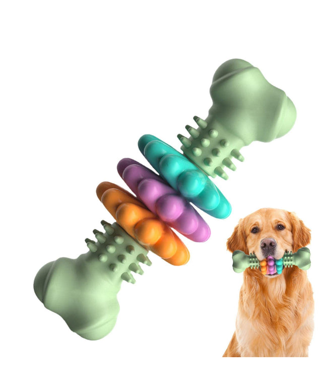 Indestructible TPR Bone Chew Toy in Gentleman Blue, Cherry Pink, and Avocado Green for dogs, promoting teeth cleaning and anxiety relief from Petpexi.com