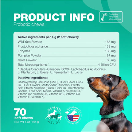 Probiotics For Dogs | Gut Health, Immunity, Yeast Balance & Itchy Skin Relief | 180 Duck-Flavored Chews | Free Shipping to USA | High Quality by Chewia