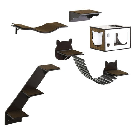 PawHut Wall-Mounted Cat Shelves with Ergonomic Platform & Cozy House – Modern Brown Cat Tree | Petpexi
