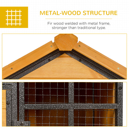2-Level Rabbit Hutch Bunny Cage, Elevated Pet House with Weatherproof Hinged Asphalt Roof, Removable Tray & Ramp for Outdoor, Natural