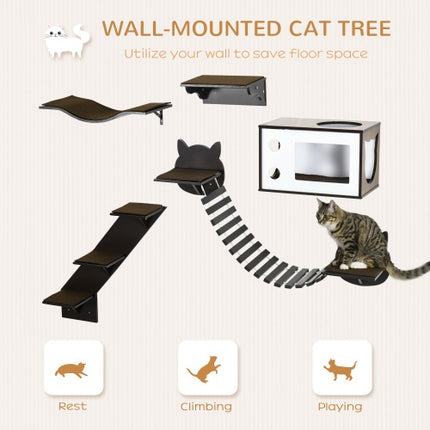 PawHut Wall-Mounted Cat Shelves with Ergonomic Platform & Cozy House – Modern Brown Cat Tree | Petpexi