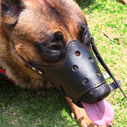 Adjustable leather bite-proof dog muzzle by Petpexi, available in black, pink, and brown—comfortable and secure fit for small and large dogs, various sizes

