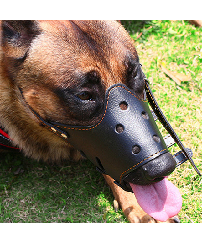 Adjustable leather bite-proof dog muzzle by Petpexi, available in black, pink, and brown—comfortable and secure fit for small and large dogs, various sizes

