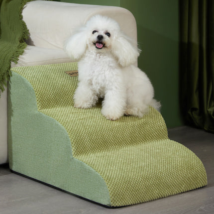 Anti-slip dog slope ladder from PetPexi, brown and green, multiple step sizes, shown next to a sofa with a dog ascending