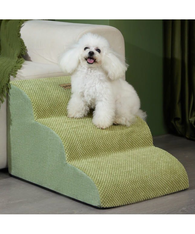 Anti-slip dog slope ladder from PetPexi, brown and green, multiple step sizes, shown next to a sofa with a dog ascending
