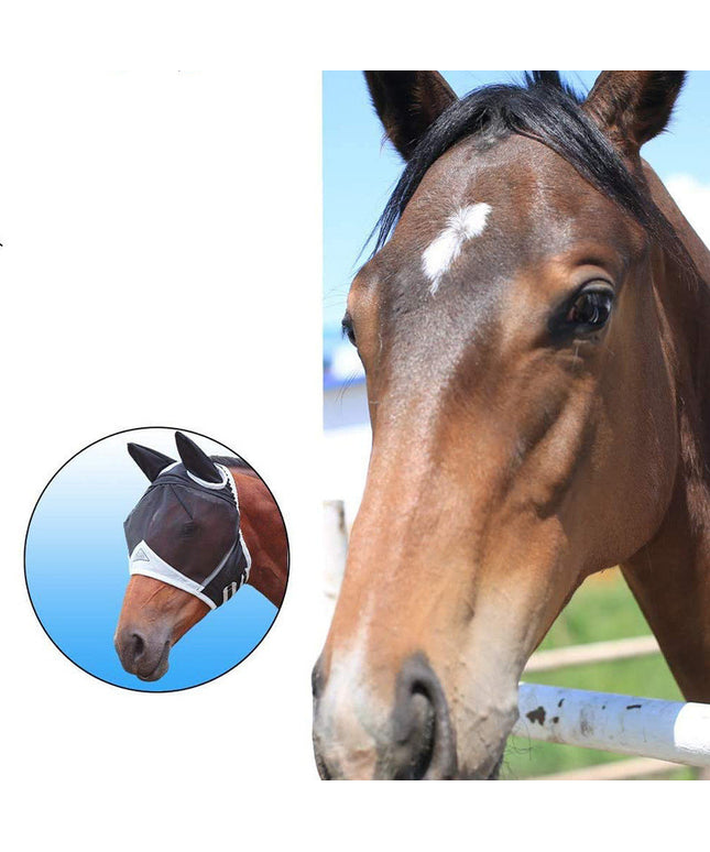 Anti-mosquito and Anti-flying Horse Face Mask with Velcro from PetPexi, high-elastic satin and mesh in gray, black, or blue, free USA shipping for ultimate comfort