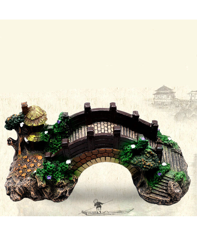 Aquarium Landscape Bridge resin decoration in fish tank, eco-friendly durable resin, available in sizes S, M, L, from PetPexi with free USA shipping.