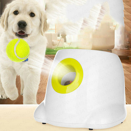 Yellow automatic dog ball launcher by PetPexi, launching a mini tennis ball for a happy dog.
