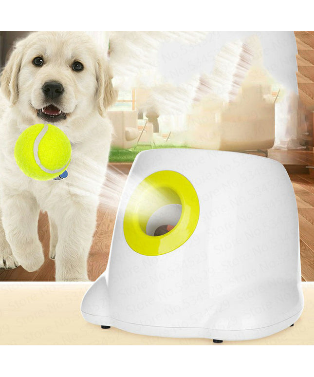Yellow automatic dog ball launcher by PetPexi, launching a mini tennis ball for a happy dog.
