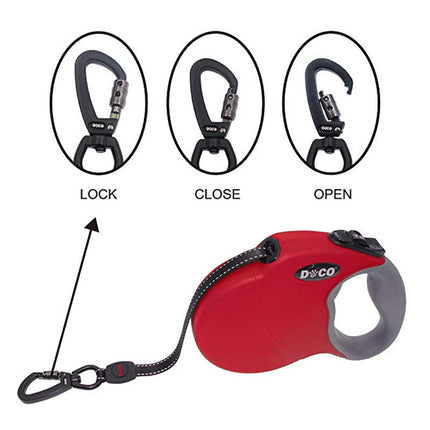 Automatic retractable dog leash with scalable nylon strap in blue, black, and red colors, ergonomic handle for comfortable dog walking


