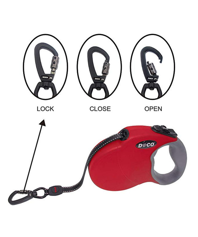 Automatic retractable dog leash with scalable nylon strap in blue, black, and red colors, ergonomic handle for comfortable dog walking

