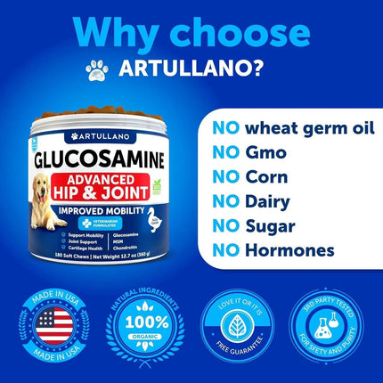Glucosamine For Dogs Hip & Joint Supplement - Chondroitin & Hemp Oil, 120 Duck-Flavored Soft Treats