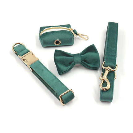 Green Velvet Dog Collar & Leash Set – Elegant Christmas Design with Gold Buckle | Petpexi