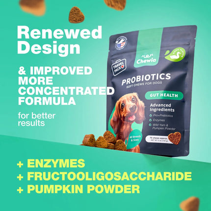 Probiotics For Dogs | Gut Health, Immunity, Yeast Balance & Itchy Skin Relief | 180 Duck-Flavored Chews | Free Shipping to USA | High Quality by Chewia