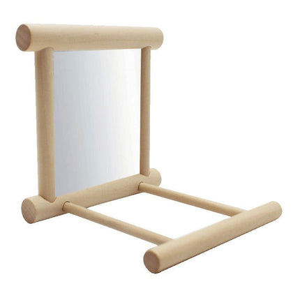 Bird Stand with Mirror – Natural wood perch with double-sided mirrors for parrots and birds.

