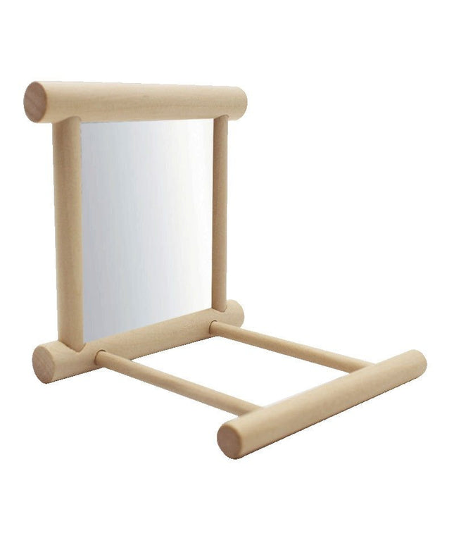 Bird Stand with Mirror – Natural wood perch with double-sided mirrors for parrots and birds.

