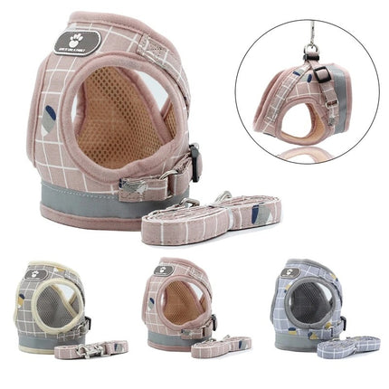 Breathable polyester cotton mesh small dog harness and leash with square grid reflective pattern in light pink and grey by Petpexi, secure fit for small to medium pets


