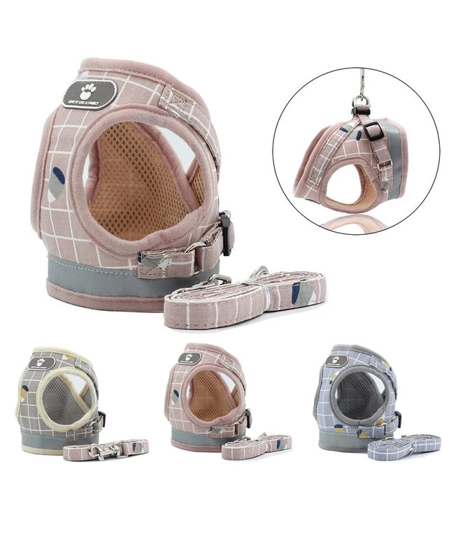 Breathable polyester cotton mesh small dog harness and leash with square grid reflective pattern in light pink and grey by Petpexi, secure fit for small to medium pets

