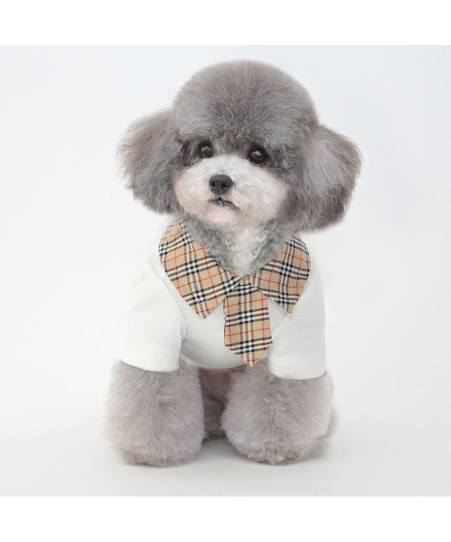 Small dog wearing black and white cotton polo shirt – breathable summer t-shirt by Petpexi for stylish pups in hot weather

