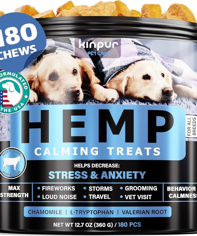 Calming chews for dogs with hemp oil and valerian root – 180 beef flavor chews – promote relaxation during stressful situations like fireworks or separation.

