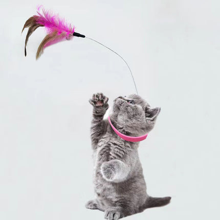 Adjustable silicone cat collar with feather teasing wand and bell – interactive play accessory from Petpexi

