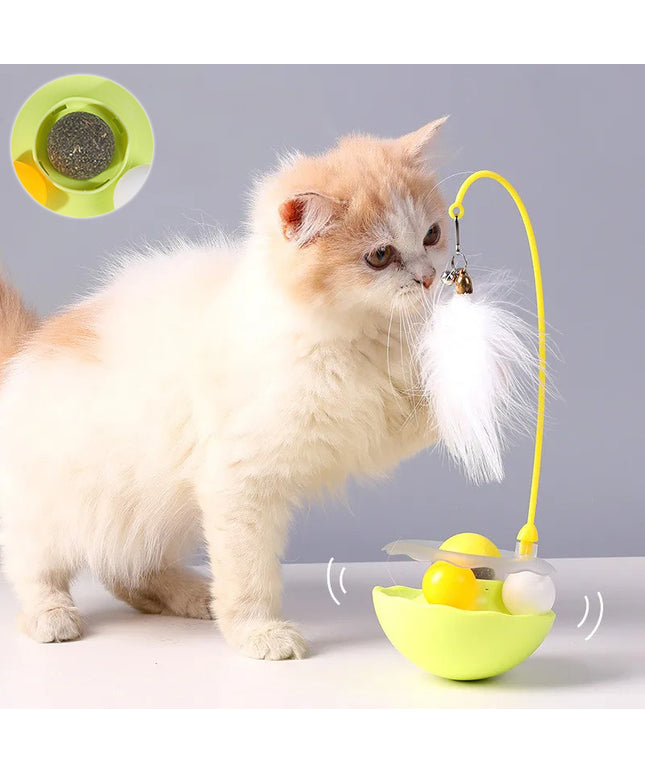 Interactive cat tumbler toy with catnip ball, feather wand and bell for playful cats available at Petpexi

