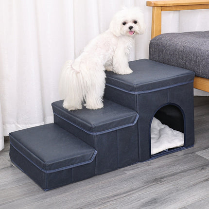 Multifunctional Cat Kennel Cage and Dog Stairs with Upper Bed Sofa in Blue Plush Fabric

