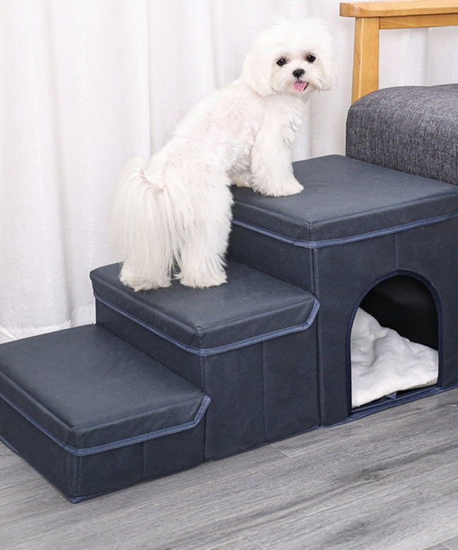 Multifunctional Cat Kennel Cage and Dog Stairs with Upper Bed Sofa in Blue Plush Fabric

