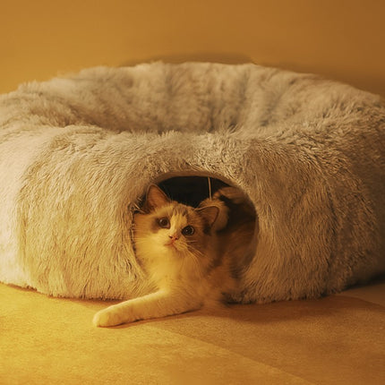 Four Seasons Universal Closed Cat Tunnel Plush Nest made from soft long fluffy material for multiple cats, available at www.petpexi.com with fast free USA shipping

