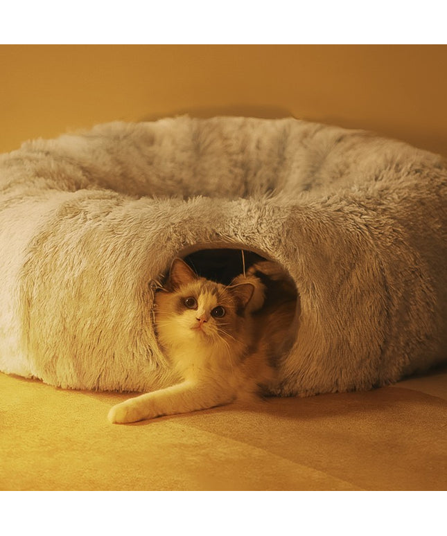 Four Seasons Universal Closed Cat Tunnel Plush Nest made from soft long fluffy material for multiple cats, available at www.petpexi.com with fast free USA shipping

