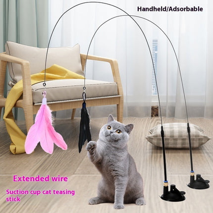 Cat teaser with bell and long feather brush with suction cup and handheld options available at Petpexi

