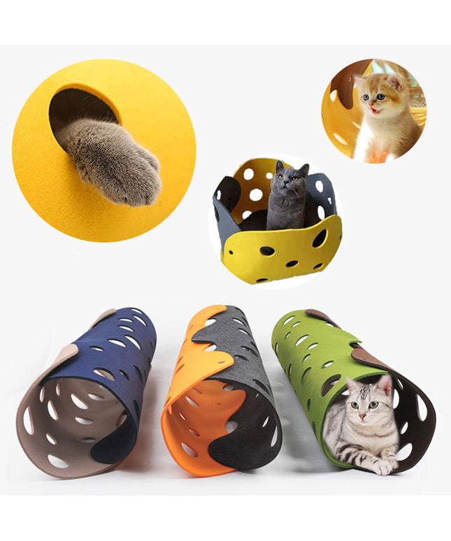 Cat Tunnel Felt Pom Splicing Deformable Kitten Nest made from soft breathable felt, interactive and collapsible pet toy available at Petpexi with fast free USA shipping

