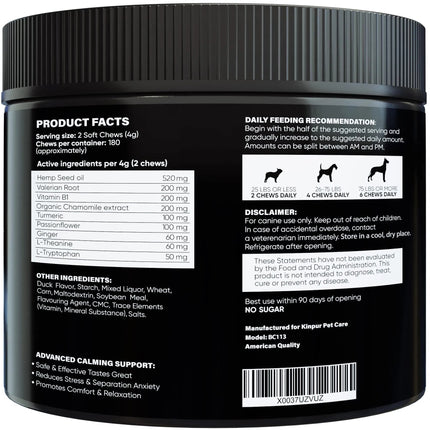 Natural Calming Chews For Dogs With Hemp Oil And Valerian Root | Fireworks & Thunderstorm Anxiety Relief | Duck Flavored | 180 Soft Chews