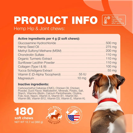 Glucosamine for Dogs - Hemp Hip and Joint Supplement with Chondroitin, MSM, Turmeric & Collagen – Duck Flavor – Healthy Joints & Coat – Free U.S. Shipping