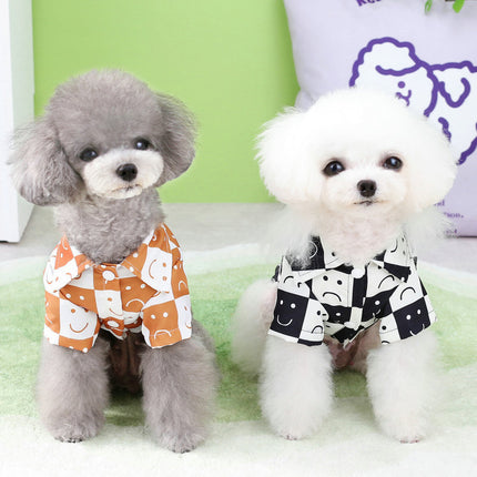 Small dog wearing black and brown checkered shirt from Petpexi – soft cotton-blend casual outfit with fast USA shipping

