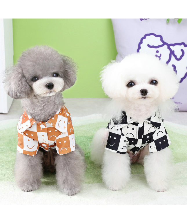 Small dog wearing black and brown checkered shirt from Petpexi – soft cotton-blend casual outfit with fast USA shipping

