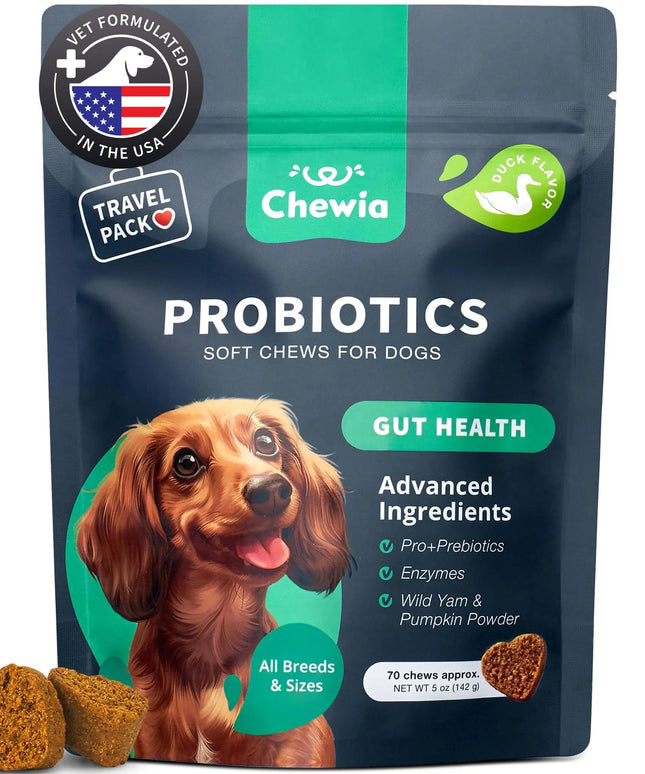 Chewia Probiotics For Dogs - 180 Duck-Flavored Chews for Gut Health & Skin Relief