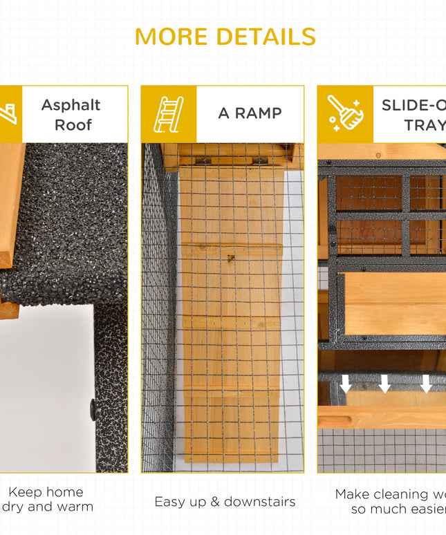 2-Level Rabbit Hutch Bunny Cage, Elevated Pet House with Weatherproof Hinged Asphalt Roof, Removable Tray & Ramp for Outdoor, Natural